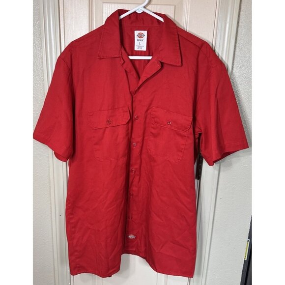 Dickies Work Mens Utility Twill Lg Red Pocketed Short Sleeve Full Button Shirt - Picture 1 of 3